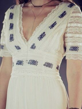 Free people Candela Starlight Cream Lace Dress with Blue Floral Embroidery